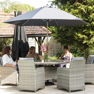 Milan Outdoor Rattan 6 Seater Dining Set with Round Table, Parasol & Base