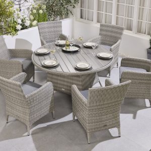 Norfolk Brancaster Outdoor Rattan Grey Aluminium 6 Seater Round Dining Table Set