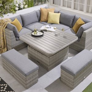 Norfolk Brancaster Aluminium Outdoor Rattan Large Corner Set with Rising Dining Table