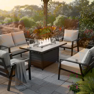 'Sienna' Outdoor Aluminium 7 Seater Beige Firepit Sofa Dining Set